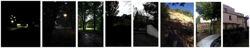 Figure 3. Examples of photographic images over a range of brightness levels below the threshold used in LandSense. Brightness level of images shown (from left to right) are 2,8,36,46,56,68,81 and 94.