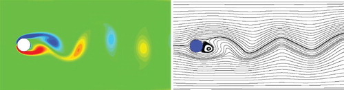 Figure 16. A Von Karman Vortex Street and streamlines of the flow around a circular cylinder at .