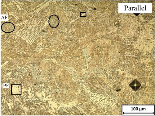 Figure 5. The as-welded microstructure of the coarse-grained heat-affected zone (CGHAZ) showing lath Martensite, polygonal Ferrite (PF), Widmanstätten α, and acicular Ferrite (AF) from the specimen welded parallel to the rolling direction.