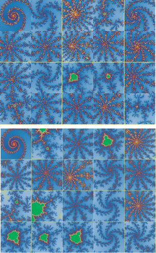 Figure 6. The 19 best-of-run views of the quadratic Mandelbrot set using a fitness function derived from the spiral view. The spiral is displayed as the first image. The upper set of images uses a 21 × 21 grid while the lower uses 31 × 31.