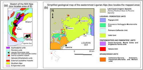 Figure 1. a: Tectonic sketch of the Western Alps; b: Schematic geological map of the eastern Ligurian Alps with the study area.