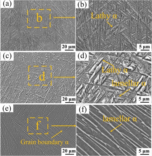 Figure 6. Microstructure of UIHT samples: (a) and (b) UIHT-800°C; (c) and (d) UIHT-900°C; (e) and (f) UIHT-1000°C.