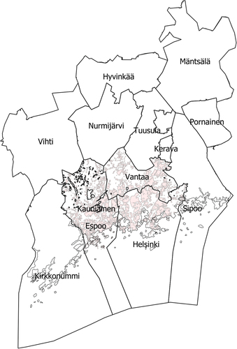 Figure 1. The four central municipalities of the Helsinki metropolitan area (Helsinki, Espoo, Vantaa and Kauniainen) and the fourteen municipalities of the Helsinki MAL agreement.