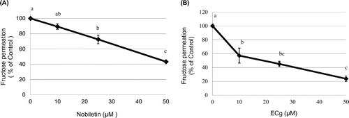 Figure 8. Effect of nobiletin and ECg on the transepithelial transport of fructose across Caco-2 cell monolayers. Caco-2 cells were cultured on membrane cell inserts for 14 days and used for transport experiments, in which 3H-fructose was added to the apical side together without or with nobiletin or ECg at the indicated concentrations and incubated at 37 °C. After 10-min incubation, the basal solution was recovered and the fructose content was measured. The values shown are means ± SEM (n = 3), and the values indicated by different letters are significantly different from each other (Tukey’s test; p < 0.01).