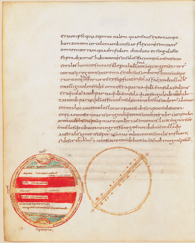 Plate 1. Part of a folio in a ninth‐century manuscript from Macrobius's Commentary on the Dream of Scipio from which seventeen lines of text have been erased and rewritten to make space for the addition of the illustrations. On the right, the renowned late ninth‐century scholar Lupus of Ferrières has inserted the drawing of a simple sphere showing the central ocean (Oceanum mare), and the path of the zodiac (Zodiacus), with the ocean flows (Refusiones) marked around the circle. The zonal diagram to the left of it dates from the twelfth century. Paris, Bibliothèque nationale de France, MS lat. 6370, fol. 89v. Appendix 1, no. 1. (Reproduced with permission from the Bibliothèque nationale de France.) See p. 154.