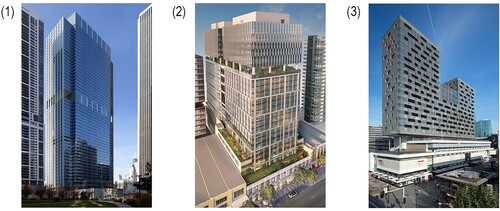 Figure 13. Examples of VE projects and their facade strategies: (1) unified facade at Blue Cross Blue Shield; Chicago; (2) similar facade at Midtown Centre, Brisbane; (3) distinct facade at De Karel Doorman; Rotterdam [images courtesy of: (1) © James Steinkamp Photography for Goettsch Partners; (2) © AM Brisbane CBD Investments & DMC Projects; (3) © Ibelings van Tilburg architecten, Ossip van Duivenbode] .