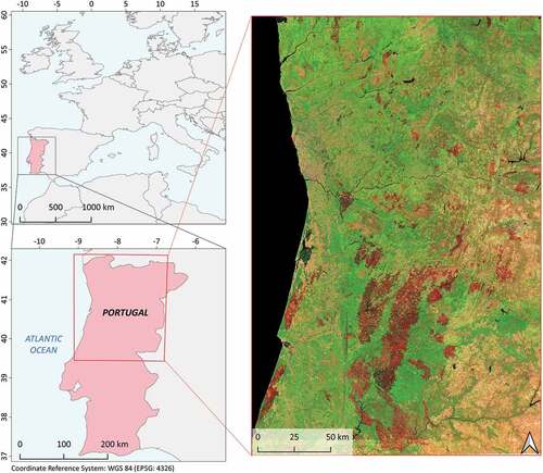 Figure 1. Location of the burned study area in Europe (top-left), in Portugal (bottom-left). The image on the right shows the overview of the study area (Sentinel-2 composite image based on the second-lowest NIR criterion, false-color composite SWIR-NIR-RED); the red areas represent the burned surfaces.