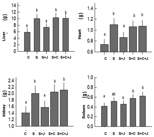 Figure 4. Liver, heart, kidney and spleen weight in control and experimental groups. Control group (C) fed with a standard diet and water ad libitum; group fed with a standard diet and plus 30% sucrose in drinking water (S); group fed with high-carbohydrate diet and administrated with blackberry juice processed with microwaves and ultrasound 4.2 mL/kg (S + J), group fed with standard diet, 30% sucrose in drinking wáter and cholesterol 1 g/kg (S + C) and administrated with blackberry juice processed with microwaves and ultrasound 4.2 mL/kg (S + C + J). Non-processed blackberry juice was not tested. Each graph represents the result of the adjustment of the univariate ANOVA model and multiple comparisons were performed using an alpha value 0.05. Different letters on the bars indicate the differences between the average values (standard error).Figura 4. Peso de hígado, corazón, riñón y páncreas del grupo control y experimental. Grupo experimental: Grupo control (C) alimentado con una dieta estándar y agua ad libitum; grupo alimentado con una dieta estándar y con sacarosa al 30% (S); grupo alimentado con sacarosa al 30% y administrado con jugo de zarzamora procesado con microondas y ultrasonido 4.2 mL/kg (S + J), grupo alimentado con dieta estándar, sacarosa al 30% y colesterol (1 g/kg, S + C) y un grupo administrado con dieta estándar, sacarosa al 30%, colesterol (1 g/kg) y jugo de zarzamora procesado con microondas y ultrasonido 4.2 mL/kg (S + C + J). El jugo de zarzamora sin procesar no fue incluido en el estudio. Cada gráfica representa el resultado del ajuste del modelo de ANOVA unifactorial y las comparaciones múltiples fueron realizadas utilizando un valor de alfa 0.05, Letras diferentes sobre las barras indican las dierencias entre los valores promedios (± error estándar)