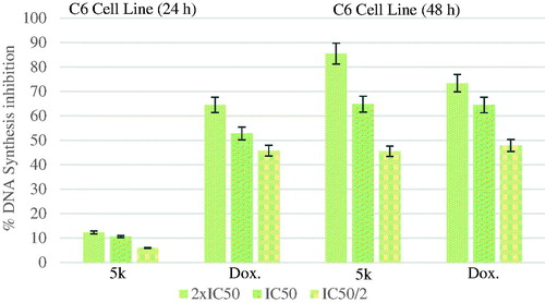 Figure 5. % DNA synthesis inhibition activities of compound 5k and doxorubicin against C6 cell line.