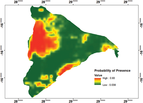 Figure 4. Potential distribution areas of honeybees in Hurungwe Safari Area-Rifa section.