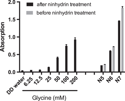Figure 3. To assess the presence of amino groups on the surface of PS beads N5, N6 and N7, a ninhydrin assay was performed. The amino acid glycine served as positive control. Absorption was determined at 550 nm and mean ± SD of 2 technical replicates is displayed.