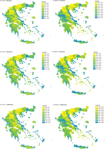 Figure 11. Left panel: estimated rainfall depth (mm) for 1 h and return periods 50, 100 and 1000 years, right panel: estimated rainfall depth (mm) for 24 h and return periods 50, 100 and 1000 years. Quantile classification is employed for all legends. The coordinate reference system is the GGRS87/Greek Grid (EPSG:2100).