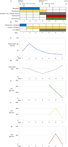 Figure 2 The clinical course of the patient with Chlamydia abortus infection. (A) Antibiotic application during hospitalization. (B) The types of ventilation in the clinical course. (C–G) The changes of procalcitonin, PO2/FiO2, IL-6, IL-8 and IL-10 on each day.