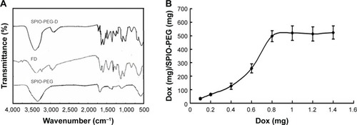Figure 6 (A) FT-IR spectra for SPIO-PEG-D, Dox, and SPIO-PEG. (B) Quantity of Dox conjugate with SPIO-PEG.Abbreviations: FT-IR, Fourier transform infrared; SPIO-PEG-D, superparamagnetic iron oxide with polyethylene glycol conjugated with doxorubicin; Dox, doxorubicin; SPIO-PEG, SPIO with PEG; FD, free doxorubicin.