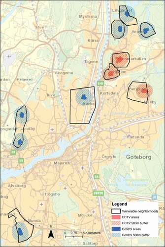 Figure 1. Treatment (light grey) and control (dark grey) areas, with displacement areas in same shade and vulnerable neighborhoods in black.