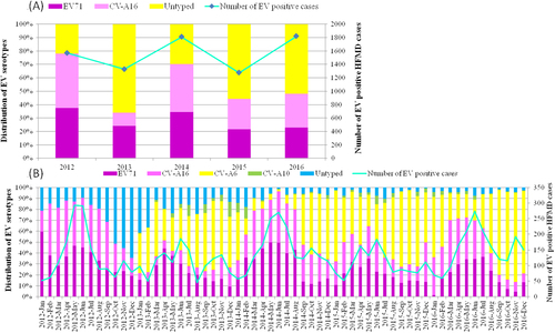 Fig. 2 Enterovirus-associated HFMD cases and enterovirus distribution in Shanghai, China from 2012 to 2016.a Continuous lines represent the number of EV-positive HFMD cases; the histogram shows the percentages of EV71, CV-A16 and untyped enterovirus isolated from EV-positive samples. b Monthly distribution of enterovirus serotypes from HFMD cases in Shanghai from 2012 to 2016. *In a, all the untyped EV refers to pan EV-positive but EV71- and CV-A16-negative samples. In b, the untyped EV samples in 2012 correspond to pan EV-positive but EV71- and CV-A16-negative samples, and untyped EV samples from 2013 to 2016 correspond to pan EV-positive but EV71, CV-A16, CV-A6 and CV-A10-negative samples