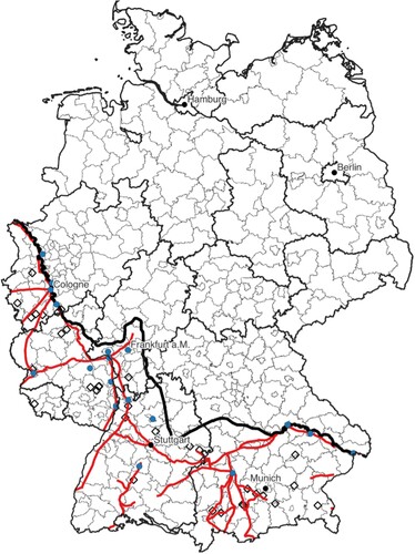 Figure 1. The Limes Germanicus, Roman roads, markets, mines, current NUTS-3 regions and federal states.Note: The Limes Germanicus (Upper Germanic and Rhaetian Limes) is the solid black line. Solid red lines are major Roman roads. Black diamonds indicate the location of a Roman market or mine. Thinner borders indicate NUTS-3 regions (counties); thicker borders indicate federal states. Blue dots are Roman settlements; black dots are main cities in contemporary Germany that did not exist as major settlements in the Roman era.