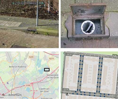 Figure 1. (a) Gully pot in the monitored streets. (b) Experimental set-up in the gully pot. (c) Map with rectangle indicating the monitoring area. (d) Street map of monitoring area in which the big blue dots indicate the selected gully pots and the small white ones gully pots not selected