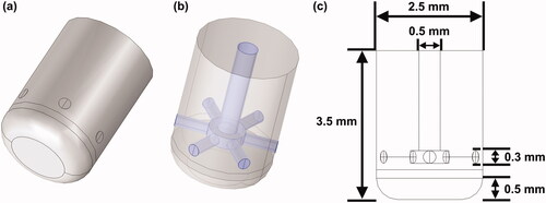 Figure 2. Model of the electrode tip. (a) External view; (b) internal construction of the lumina for saline infusion; and (c) detailed dimension.