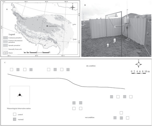 FIGURE 1. (A) Location, (B) warming equipment installation, and (C)plots distribution of the experimental site.