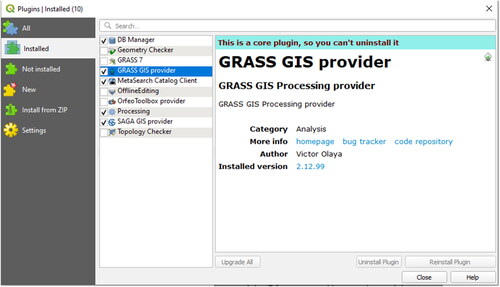 Figure 57. The QGIS Plugin Manager can be used to enable (if they are already installed) or disable (without being uninstalled) plugins.