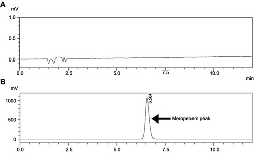 Figure 1 (A) Showing the HPLC spectrum of the blank; (B) Showing the HPLC assay of 0.5 mg/mL analytical grade meropenem using the developed HPLC assay.