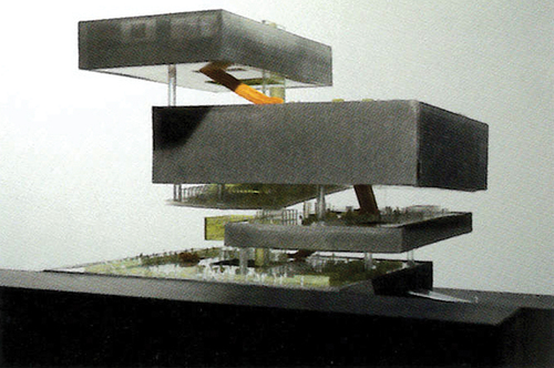 Figure 18. Model of the Seattle Central Library with the visible platforms, the so-called stability clusters, and the spaces between them, the so-called instability clusters.Source: Koolhaas Citation2007, p. 72.