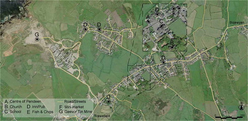 Figure 3. Map of Pendeen with spatial and built elements highlighted by the author. Base Source: Google maps, 2016