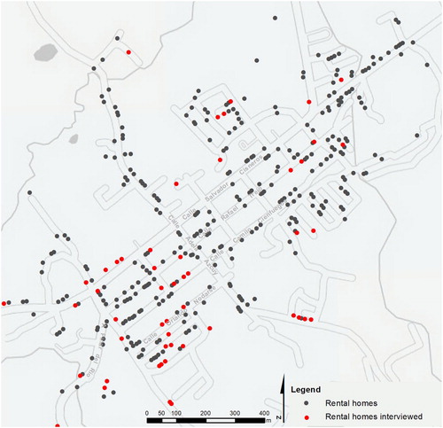 Figure 1. Location of rental homes and the rental homes where the owners were interviewed. Base Map: openstreetmap.org. Source: authors.