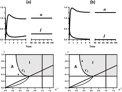 Figure 3. Shown are the time series of I(t) and u(t) for the solutions of the Darwinian SI model (Equation6(6) S′=Λ−μS−cexp⁡(−12u2)SII′=(cexp⁡(−12u2)S−(μ+κ+ϕ)−(γ−κ)τexp⁡(−12σ2u2))Iu′=θu(−cexp⁡(−12u2)S+(γ−κ)τ1σ2exp⁡(−12σ2u2)).(6) ) with parameter values Λ=5, μ=1, c=1, κ=0.5, ϕ=0.2, γ=10, σ2=0.35, θ=1 and initial conditions S(0)=1, I(0)=1 u(0)=0.05 when (a) τ=0.4 and (b) τ=0.8. The corresponding point (σ2,τ) is shown as a solid dot in the (numerically calculated) parameter map. In case (a) the point is below the threshold curve C1 and, as predicted the endemic equilibrium EE+ is stable. In this case the treatment is insufficient to eradicate the adapting disease agent which asymptotically attains a resistance level of approximately u=1. In case (b) the point is above the threshold curve C1 and as predicted the disease-free equilibrium DFE+ is stable. In this case the treatment eradicates the disease, even though it develops a level of resistance. In this example τ0=0.347, σ02=0.660, and σ22=0.281.