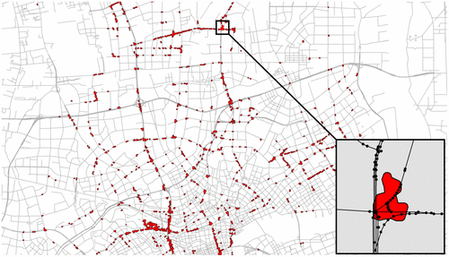 Figure 9. Selection of TIP polygon in the north of Shanghai based on taxi FCD from 8:00 to 9:00 am on 22 February 2007.