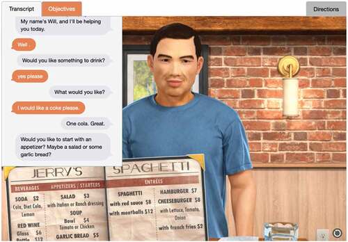 Figure 2. Screenshot of a student’s view with a prompt to order food at a restaurant, displaying the transcript.