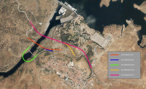 Figure 8. Aerial view of the alternatives of the new bridge layouts and positions (Alternative 1). Source: Junta de Extremadura.