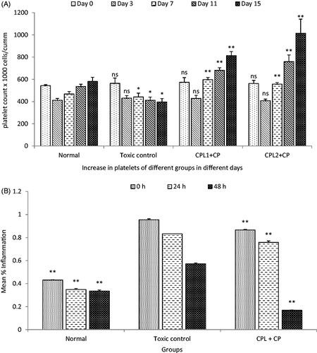 Figure 6. (A) Effect on blood for platelet count against cyclophosphamide after oral administration of SCPLE; (B) effect of aqueous extract of C. papaya leaf on delayed-type hypersensitivity. (All values are expressed as mean ± SEM (n = 6)). *** indicates p < 0.001 extremely significant, ** indicates p < 0.01 highly significant, * indicates p < 0.05 significant, and ns indicates p > 0.05 nonsignificant when compared with toxic control group where GP: group; CYP: cyclophosphamide; CPL1:C. papaya leaf (dose 50 mg/kg); CPL2: C. papaya leaf (150 mg/kg).