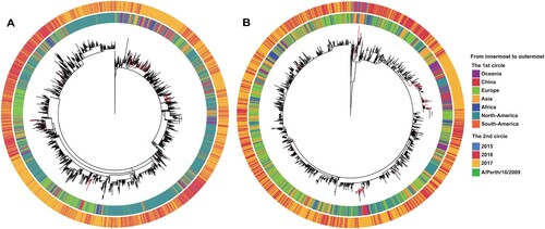 Figure 5. Phylogenetic analysis of the HA gene sequences of worldwide 121 K variants. Panel A: the 3C.2a1 subclade; panel B: the 3C.2a3subclade. The Chinese strains are highlighted in red in the two trees.