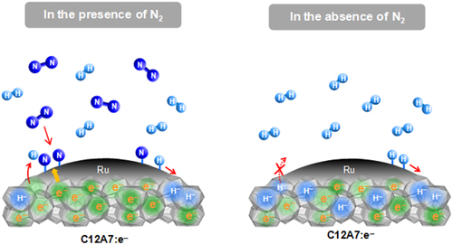 Figure 124. Tentative reaction mechanism to explain suppression of H2-poisoning in Ru-loaded C12A7:e−. Reprinted with permission from Macmillan Publishers Ltd: [Citation108], Copyright 2012.