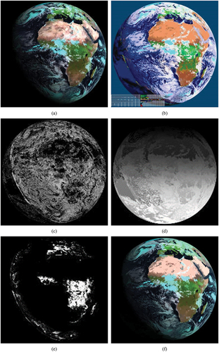 Figure 57. (a) Meteosat Second Generation (MSG) Spinning Enhanced Visible and InfraRed Imager (SEVIRI) image acquired on 2012-05-30, radiometrically calibrated into TOARF values and depicted in false colors (R: band MIR, G: band NIR, B: band Blue), spatial resolution: 3 km. No histogram stretching is applied for visualization purposes. (b). Advanced Very High Resolution Radiometer (AVHRR)-like SIAM (AV-SIAM™, release 88 version 7) hyperpolyhedralization of the MS reflectance hyperspace and prior knowledge-based mapping of the input MS image into a vocabulary of hypercolor names. The AV-SIAM map legend, consisting of 83 spectral categories (see Table 4), is depicted in pseudo-colors, similar to those shown in Figure 50: Display full size (c) To visualize contours of image-segments automatically detected in the SIAM’s multi-level map of color names by a deterministic two-pass connected-component multi-level image labeling algorithm (Dillencourt et al., Citation1992; Sonka et al., Citation1994), an automatic 4- or 8-adjacency cross-aura measure is estimated in linear time (see Figure 31 in the Part 1). (d) Segmentation map deterministically generated from the SIAM multi-level output map shown in (b). Each segment is identified by a monotonically increasing (from top to bottom) integer number. (e). Vegetation binary mask, automatically generated from the SIAM multi-level output map shown in (b). On the left, pixel candidates for vegetation belong to spectral category: vegetation in shadow. (f) Piecewise-constant image reconstruction, where each pixel is replaced by the mean reflectance value of the segment that pixel belongs to (known as “object-mean view” in the GEOBIA literature (Blaschke et al., Citation2014)). If the color quantization (vector quantization, VQ) error (equal to the per-pixel absolute difference between the input image and the piecewise-constant image reconstruction) is “low”, then the quality of the prior knowledge-based SIAM’s color space partitioning is “high”. No histogram stretching is applied for visualization purposes.