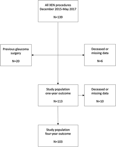 Figure 1 Flow chart describing study population. Deceased subjects and patients with missing data (n=10) were excluded from the one-year study population, resulting in a study population (N=103) with a four-year outcome.