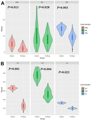Figure 1 Comparison on liver function parameters by rs2237062 (A) and rs2547 (B) genotypes. (A) DBIL, IBIL and TBIL are significantly higher in GC+CC genotype carriers of rs2237062; (B) ALT, AST and HA are elevated in GA+AA genotype carriers of rs2547.