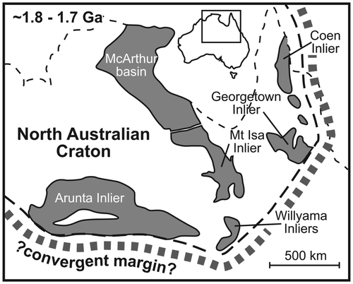 Figure 4 Proterozoic tectonic reconstruction highlighting the proximity of the Willyama basin to the Maronan basin in northern Australia prior to the 55° rotation of the southern Australian craton proposed by Giles et al. (Citation2002). Both basins are situated in the backarc to convergent margins at the southern and eastern margins of the North Australian Craton (after Giles et al. Citation2002).