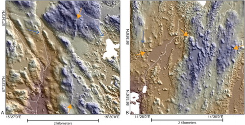 Figure 4. Example of moraines within the mapped area. (A) Part of the Vimmerby Moraine with a N–S direction. Note the different directions and cross-cutting relationships of glacial lineations outside and inside the moraine. (B) Sub-continuous moraine with a lobate shape in an E–W direction. Orange arrows mark moraines. Blue arrows display ice-flow direction from glacial lineations. Background: Hillshade image (illumination from 45°) overlying a colored DEM; brown = low elevation, grey = intermediate, purple = high.
