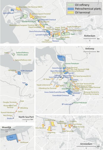 Figure 3 . Oil refineries, petrochemical plants and oil terminals in the different ports of the Dutch–Belgian Amsterdam–Rotterdam–Antwerp (ARA), 2020.Sources: Port authority websites; map: authors.