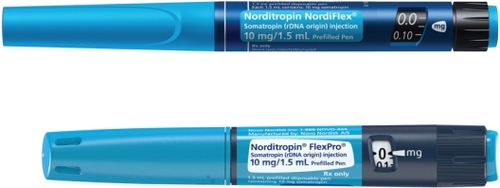 Figure 2 Norditropin® Flexpro® and Norditropin Nordiflex® pen. The Norditropin Flexpro pen is 11 mm shorter than the Norditropin Nordiflex pen. Photo courtesy of Novo Nordisk A/S.