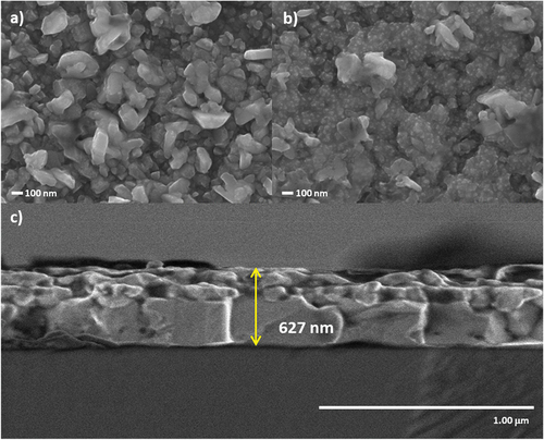 Figure 4. SEM images of the sulfurised CZTS thin films in Ar + S ambient at 550°C for a) 5 min and b) 20 min. c) shows the cross-section image of the film annealed for 5 min.