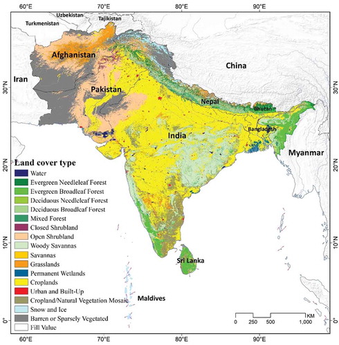 Figure 8. Land cover types in South Asia in 2008.Source: MODIS 250 m land cover product MCD12Q1.