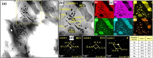 Figure 13. (a) TEM map, (b) local amplified TEM map, (c) EDS mapping results and (d) SAED patterns of flower-like structures and precipitations in region P3 of AHT-26 sample.