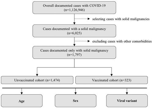 Figure 1. The patient cohort selection process was standardized across both groups. The isolated patient groups were required to have a solid malignancy as their only documented pathology. Any duplicate cases, if identified, were excluded from the study. These cohorts were then further stratified based on criteria such as sex, age and viral variant.