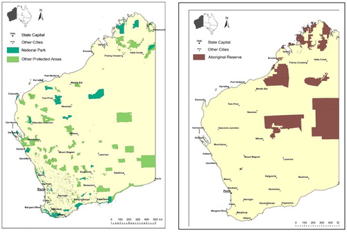 Figure 2. Protected areas and Aboriginal reserves in Western Australia. Source: authors’ own elaboration on the basis of Department of the Environment and Energy (www.environment.gov.au/fed/catalog/main/home.page).