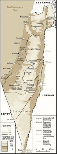 Figure 2. Current precipitation patterns in Israel. Based on data published in 2021 by the Israel Meteorological Service, available at: https://ims.gov.il/en/ClimateAtlas.