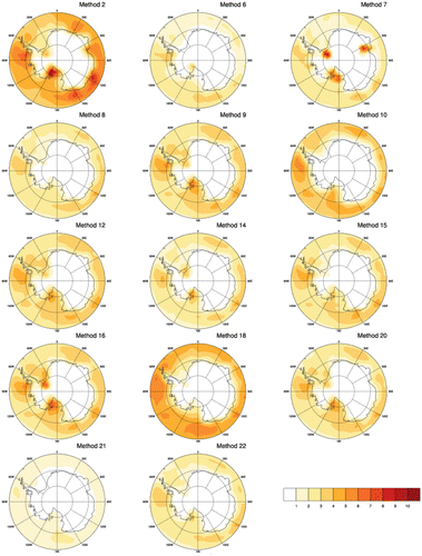 Fig. 5. As Fig. 3 but for summer (DJF) [cyclones per 103(lat)2 area per analysis].